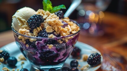 Blackberry and Blueberry Cobbler topped with a golden oatmeal crisp with ice cream with blurred background