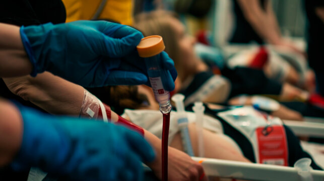 Blood donation. World blood donor day. Man and woman after giving blood. Save lives concept.