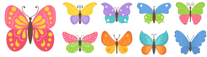 Beautiful flying insects. Summer butterfly in flat style isolated on white background. Colorful butterflies icons in cartoon flat style. Element for web, game and advertising. Vector illustration.