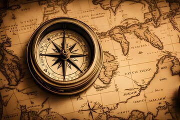 Fototapeta na wymiar Vintage compass on an ancient map - nautical adventure vibes with faded parchment and compass rose.