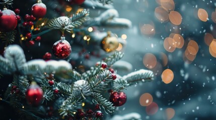 Christmas tree with decorations and gift boxes. Holiday background. AI generated