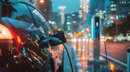 Futuristic electric car connected to charging station in the city