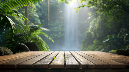 A wooden table in a lush jungle setting.

 - obrazy, fototapety, plakaty