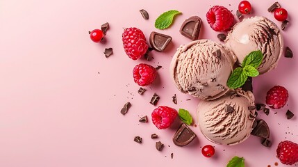 Chocolate fruit vanilla ice cream on a pink background
