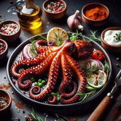 Grilled octopus plated on black dish, a classic mediterranean delicacy - obrazy, fototapety, plakaty