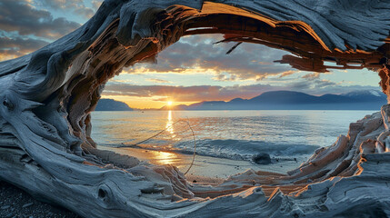 Driftwood cut out beach sunset background - obrazy, fototapety, plakaty