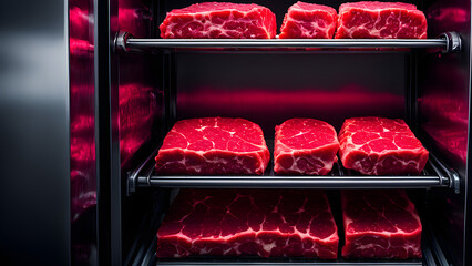 Raw meat patties in the refrigerator, cut steak, delicious food ingredients, and restaurant chefs