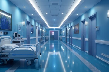 An empty, brightly lit hospital corridor lined with beds and medical equipment, emphasizing cleanliness and preparation