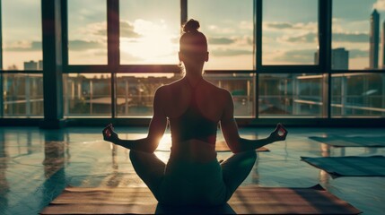 Yoga day concept. Multiple exposure image. Woman practicing yoga at sunset - obrazy, fototapety, plakaty