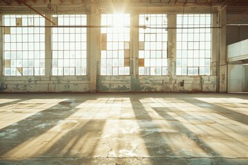 An abandoned factory space with sunlight streaming through large windows creating intense shadows on the floors