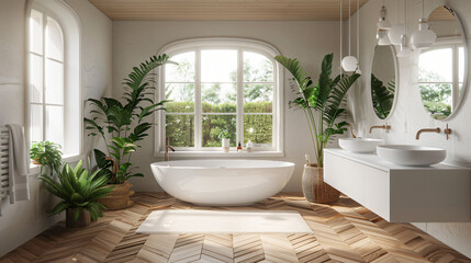 Fototapeta na wymiar Elegant bathroom with white walls white basin with ova