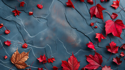 Red leaves are scattered on a blue stone surface.

 - obrazy, fototapety, plakaty