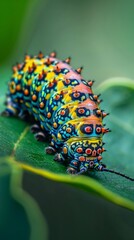A multicolored spiky caterpillar perched on the edge of a leaf, captured in a natural macro environment.