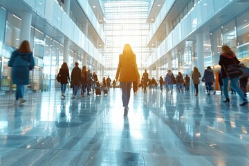 The image shows a busy airport terminal bathed in sunlight with travelers walking around, creating a feeling of movement and travel