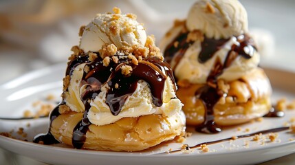 Delicious choux pastry served with two scoops of vanilla ice cream on top decorated with cookie crumbs and chocolate syrup