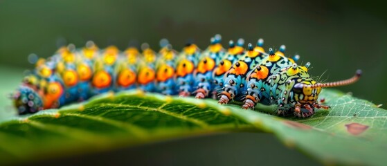 Panoramic view of a colorful caterpillar with detailed markings, crawling on a lush green leaf.