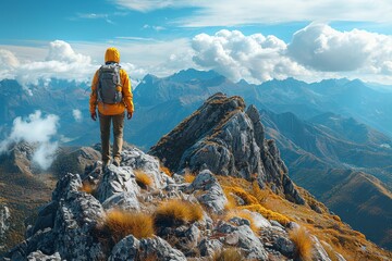 A lone hiker stands atop a rugged mountain peak, gazing at the vast, scenic landscape sprawling before him
