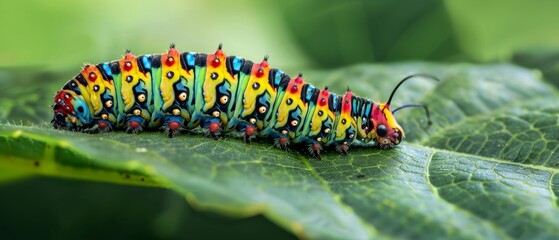 A vivid caterpillar adorned with colorful spots and stripes in a natural setting, a macro photographer's delight.