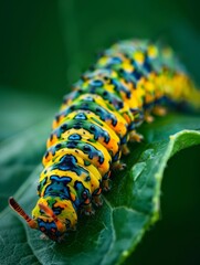A colorful caterpillar with striking patterns crawls along a lush green leaf, showcasing the remarkable diversity of nature's creatures.