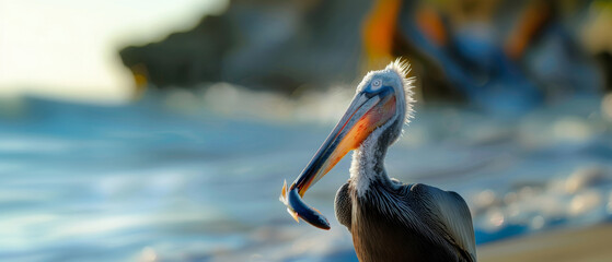 A lone pelican stands on the beach, its feathers bathed in the warm glow of the setting sun.