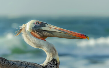 A pelican grasps a fish tightly in its beak against the dramatic backdrop of crashing ocean waves.