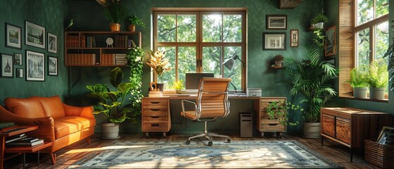 A beautifully decorated home office with a fresh green theme, multiple plants, and comfortable furniture for a creative mind