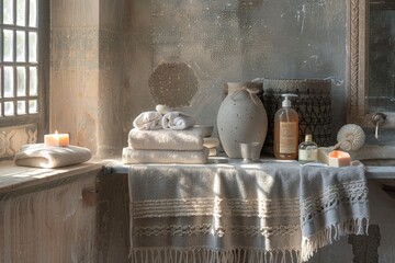 Towels and candles on a table in a room. Hammam background .  - obrazy, fototapety, plakaty