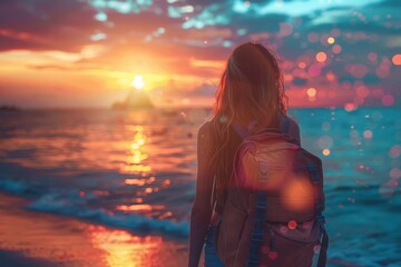 A woman's silhouette stands out against a mesmerizing beach sunset, with vivid colors and bokeh, symbolizing hope and dreams