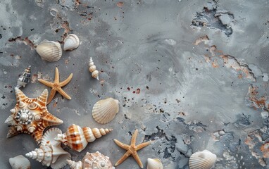 Varied seashells and a vibrant orange starfish spread on a slate-colored background with space for textual content. Copy space for advertising, presentation product or text.