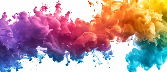 A panoramic display of ink clouds exploding in a wide spectrum of colors against a white backdrop, symbolizing diversity and energy.