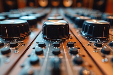 Close-up of a modern professional audio mixing board's detailed knobs and dials in a recording...