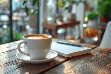 A tranquil scene with a hot cup of coffee sitting beside a blank notepad and pen with a soft natural backdrop