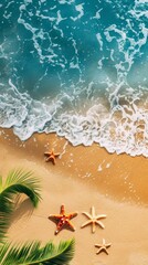 Soft waves kiss the sandy shore with starfish accents and lush palm fronds, epitomizing a peaceful tropical beach. Copy space for advertising, presentation product or text.