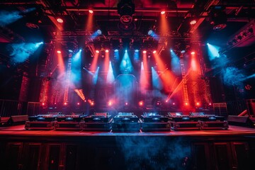 Action-packed concert stage view with beams of lights and a packed floor, exuding the excitement of...