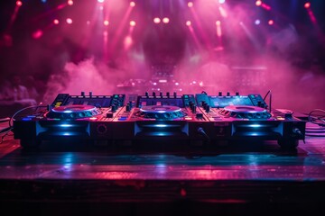 A close-up shot of professional DJ equipment with a beautiful blurred background of bokeh stage...