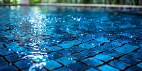 Close up of swimming pool water with blue tile texture background,banner, summer holiday  - obrazy, fototapety, plakaty