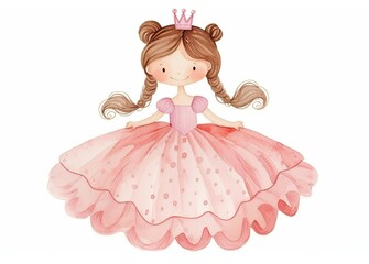 Cute watercolor smiling princess, little girl with pink dress and crown from fairytale isolated cartoon illustration