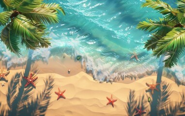 Sweeping panorama of the azure ocean with rolling waves crashing onto the sandy shore, surrounded by vibrant tropical palm leaves. Copy space for advertising, presentation product or text.