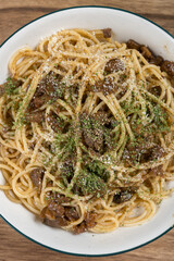 top view black pepper beef fillet spaghetti at vertical composition