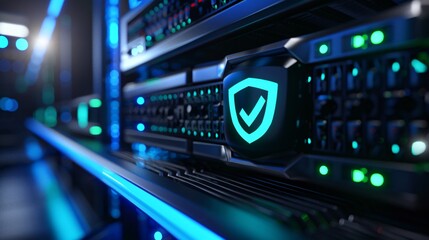 Naklejka premium A glowing blue and green checkmark on a server rack with a dark background.