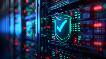 Obraz premium A glowing green checkmark security on a server rack with a dark background.