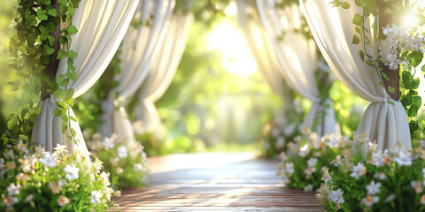 backdrop photo with white curtain in the garden, white curtain backdrop for ceremony party, outdoor backgrop with blured background