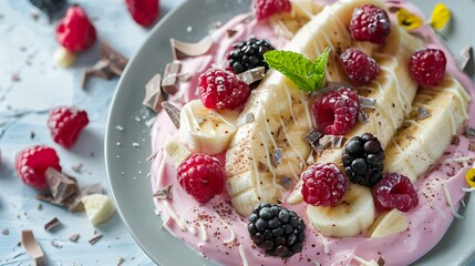 Healthy banana split breakfast with cream cheese raspberries blackberries mint white and pink...