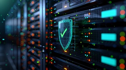 Obraz premium A green checkmark inside a glowing blue shield in front of a server rack.