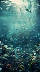 Fotobehang Underwater Havoc: Unmasking the Harrowing Impact of Plastic Pollution on Marine Life © Edith