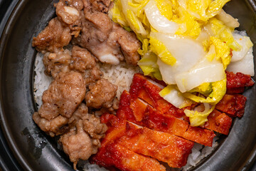 top view Orleans-style Chicken Cutlet and Black Bean Spare Rib Claypot Rice at horizontal composition