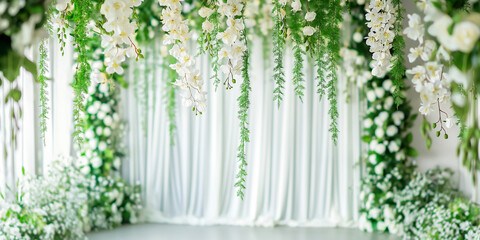 backdrop photo with white curtain in the garden, white curtain backdrop for ceremony party, outdoor backgrop with blured background