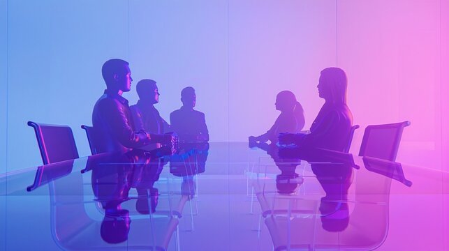 3D glass tech poster - 5 glass people meeting on glass table. Blue/purple gradient bg. 3D rendered in C4D/Blender. Simple, advanced lighting, frosted glass material