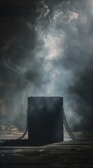 Smoke billowing from a box on a wooden floor with a chain. Magician concept background. Vertical background - obrazy, fototapety, plakaty