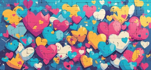 A vibrant graffiti mural of hearts in various colors